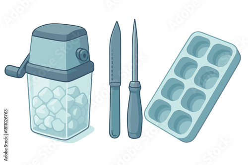 Essential bar tools for preparing cold beverages including an ice crusher, ice pick, knife, and cube tray