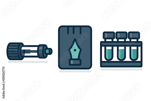 Science and writing tools collection featuring test tubes, dropper, and fountain pen nib