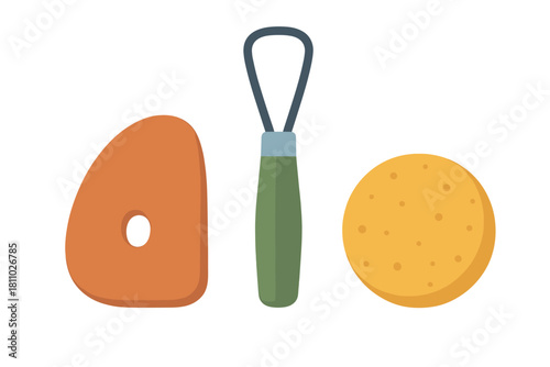 Set of ceramic tools for pottery, including loop tool, rib, sponge, and wire cutter