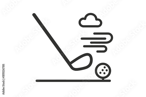 Golf club hitting a ball with lines indicating wind or powerful movement
