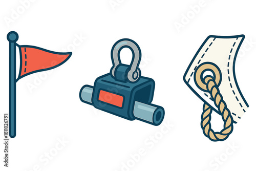 Essential marine rigging gear featuring a red pennant flag, metal shackle, and canvas rope