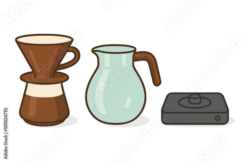 Essential equipment set for manual pour-over coffee brewing including dripper, glass carafe, and scale