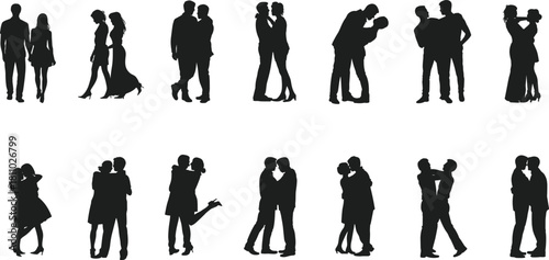 Romantic couple silhouette vector set, hugging, kissing, affection, dating, wedding, love, passion, relationship, man woman, full body.