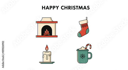 Set of four cute Christmas icons including a fireplace, stocking, candle and hot chocolate mug