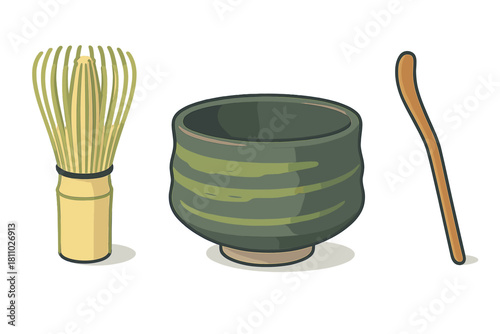 Traditional Japanese matcha tea ceremony tools including bamboo whisk and ceramic bowl