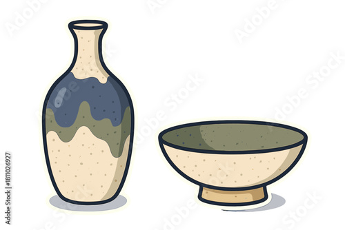 Traditional Japanese ceramic pottery set with sake bottle and wide tea bowl