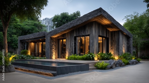 Contemporary house exterior with parking lot and pool, vertical wood plank siding, garden lighting, under a clear, starry sky.