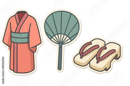 Set of Traditional Japanese Kimono, Round Fan, and Geta Wooden Sandals