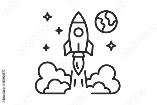 Rocket taking off surrounded by smoke and stars heading toward a planet