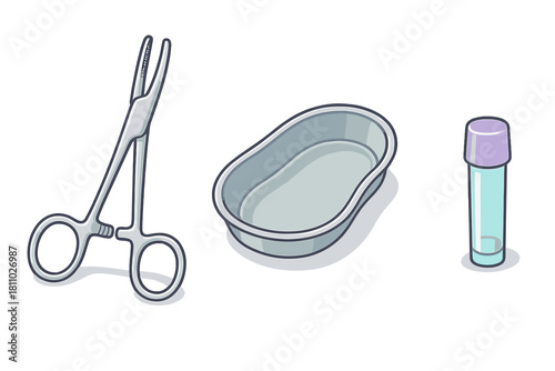 Set of surgical clamp, kidney dish, and specimen vial for medical and laboratory use