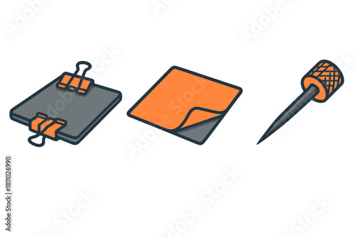 Essential supplies set with binder clips, sticky note, and pushpin