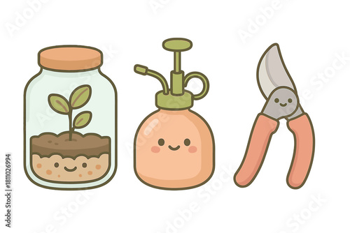 Cute kawaii gardening tools set with sprout in jar, spray bottle, and pruning shears