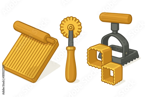 Set of traditional Italian pasta making tools including ravioli stamp and gnocchi board