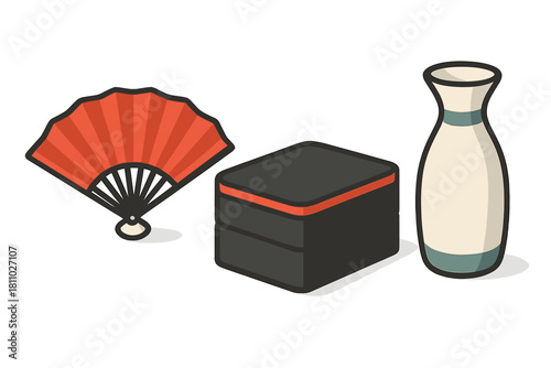 Traditional Japanese items set featuring a red folding fan, lunch box, and sake flask