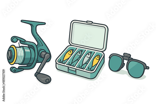 Fishing reel, tackle box, colorful lures, and polarized sunglasses isolated on white