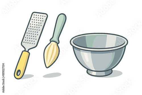 Kitchen utensils set with metal mixing bowl, cheese grater, and lemon juicer tool
