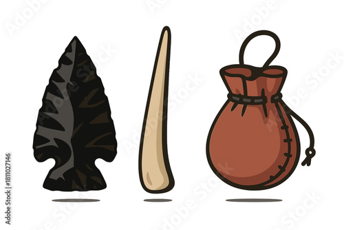 Collection of ancient artifacts including a stone arrowhead, bone awl tool, and leather drawstring pouch