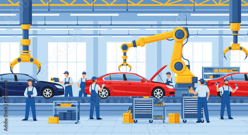 Automotive Production Line Robotic Arms Assembling Cars with Workers in a Modern Factory Setting