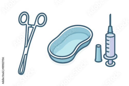 Essential medical instruments: surgical forceps, kidney dish, and hypodermic syringe
