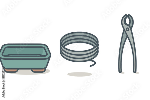 Essential tools and supplies for bonsai tree cultivation including pot, wire, and cutters