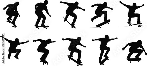 Skateboarder silhouette vector set, performing tricks, jumping, skating, extreme sport, urban action, skateboarding collection, youthful energy, graphic.