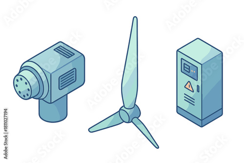 Isometric wind turbine components: rotor blades, generator housing, and electrical control cabinet