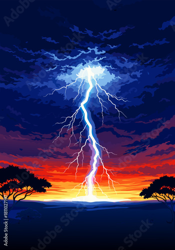 A dramatic digital art illustration of a powerful lightning bolt striking a savanna landscape during a fiery sunset e