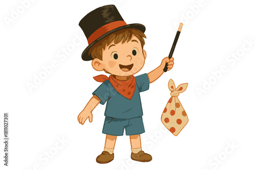 Young boy magician performing a magic trick with a wand and floating bundle