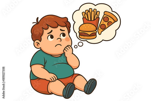 Sad overweight boy contemplating fast food cravings shown in thought bubble
