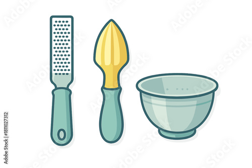 Essential kitchen utensils set featuring a zester, citrus reamer, and strainer