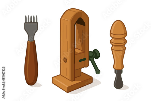 Traditional leather crafting tools including a stitching pony, chisel, and edge slicker