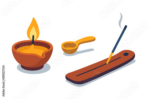 Traditional spiritual objects set featuring a burning oil lamp, a small wooden spoon, and an incense stick in a holder