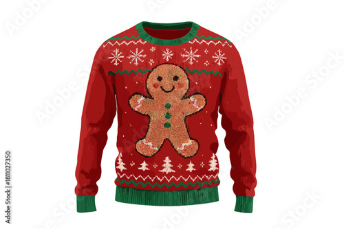 Traditional ugly Christmas sweater with gingerbread man, snowflakes, and festive patterns