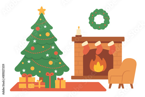 Cozy living room decorated for Christmas with tree, fireplace, stockings, and presents