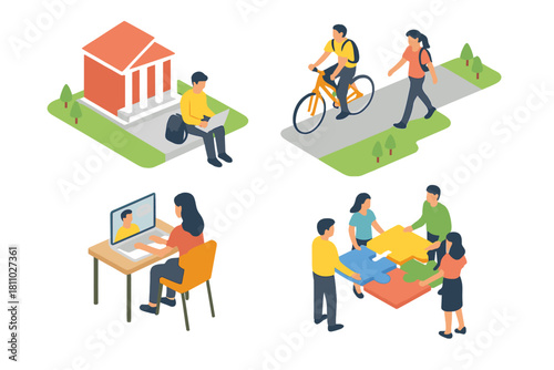 Isometric people engaged in education and teamwork activities