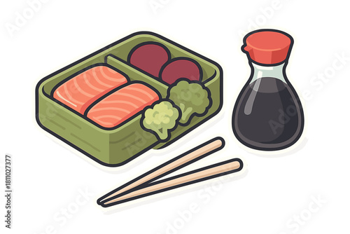 Japanese bento box lunch with fresh salmon, broccoli, side dishes, soy sauce, and chopsticks