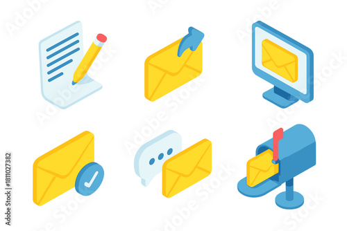 Isometric set of email and communication icons for digital messaging