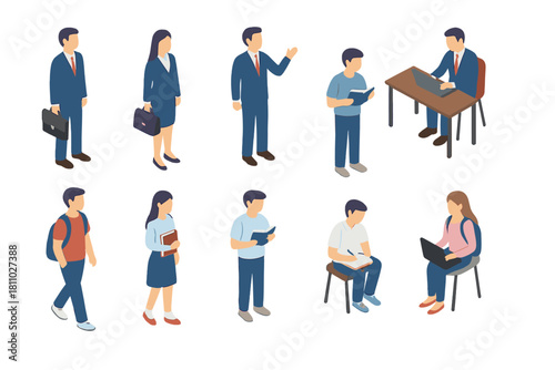 Isometric diverse business people and students performing various activities