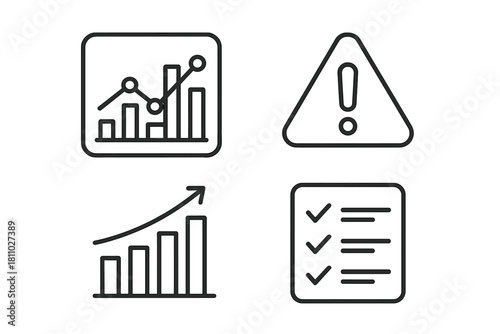 Business data analysis, financial growth, risk warning, and task checklist symbols