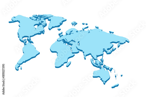 Three dimensional light blue world map continents isolated on white background