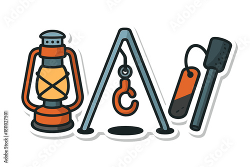 Classic camping lantern, cooking tripod, and ferro rod fire starter equipment set