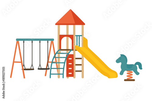 Vibrant outdoor recreation structures featuring slide, swings, and spring rider