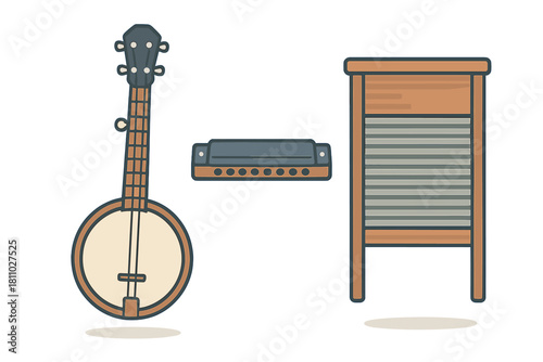 Acoustic instruments set featuring banjo, harmonica, and washboard for folk music
