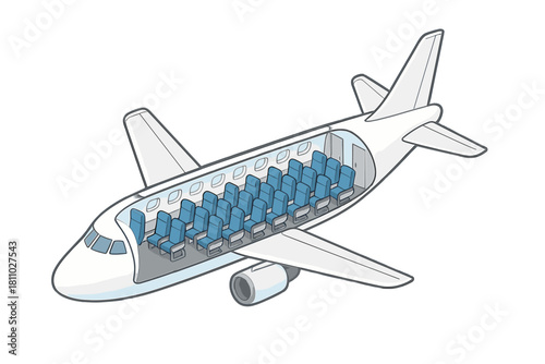 Cutaway view of commercial airplane cabin interior with passenger seats