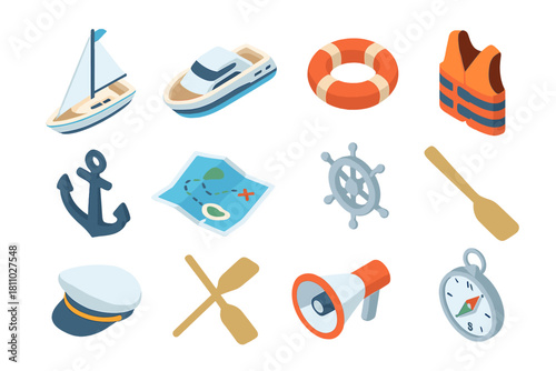 Isometric icons of nautical and sailing equipment for maritime adventure themes