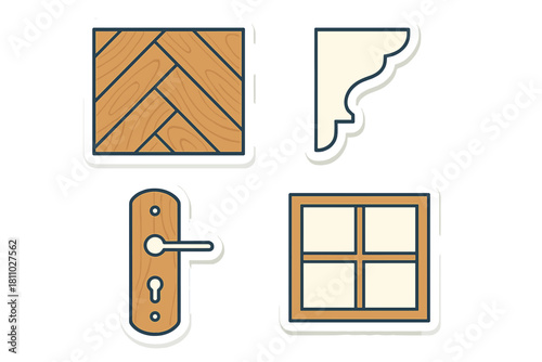 Essential interior design and construction elements including wood floor pattern, window sash, door hardware, and decorative cornice