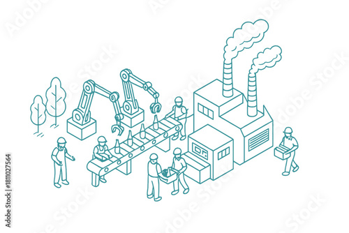 Isometric factory production line with robotic arms and human workers