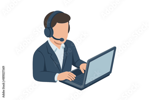 Customer support agent wearing headset working on laptop computer