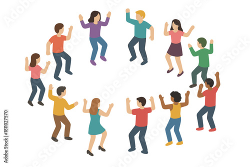 Diverse group of people dancing together in circle isometric perspective