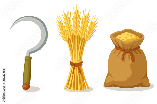 Sickle, tied sheaf of golden wheat, and burlap sack of harvested grain on white